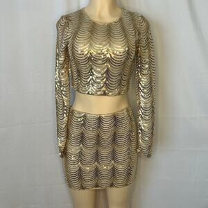 Crystal Doll Champagne Sequin Two Piece Set Crop Top Mini Skirt S